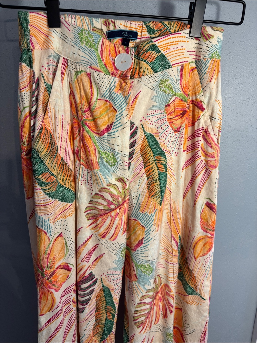 Shore Resort Brand Cream Wide Leg Floral Linen Pants Orange & Green Print, SM